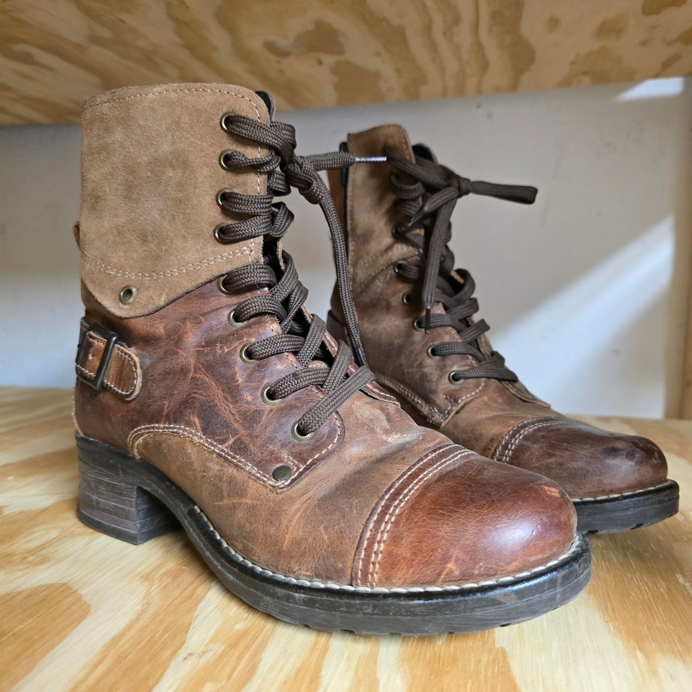 Taos Crave Combat Boots Women 7-7.5 38 Brown Leather Suede Lace Up Zip CRV-5113